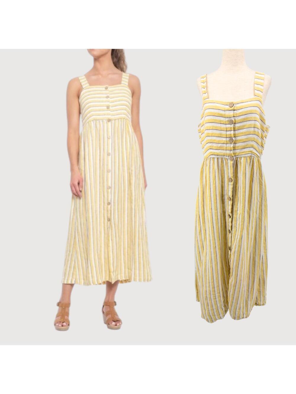 Rachel Zoe Striped Linen Midi Dress Yellow 10